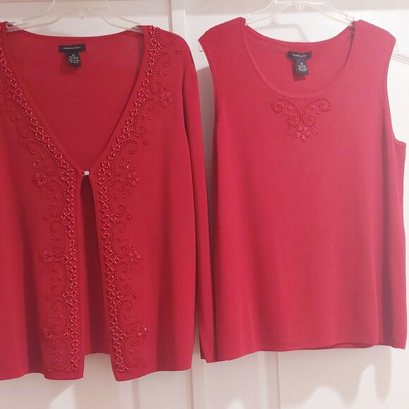 Red (Cranberry) Embroidered Beaded Cardigan Set by BCBGMazazria Sz 2X - Picture 2 of 15